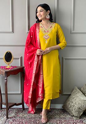 Mustard Embroidered Chanderi Kurta Set