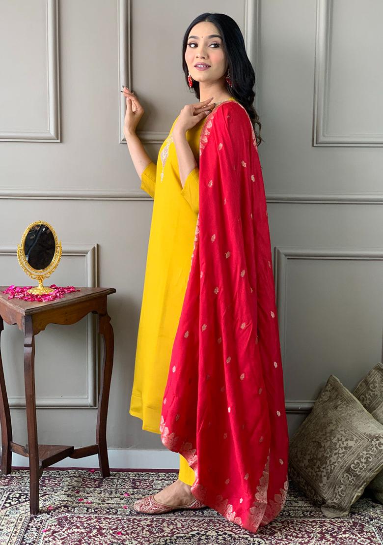 Mustard Embroidered Chanderi Kurta Set
