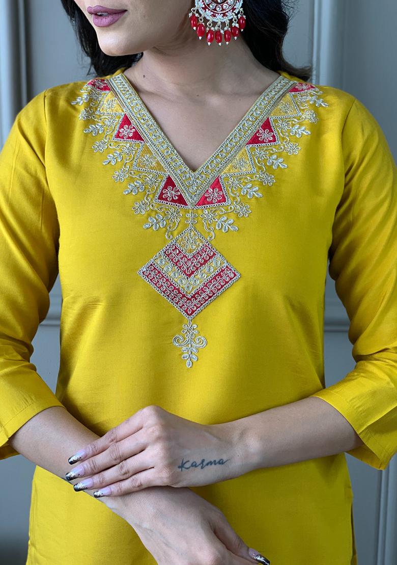 Mustard Embroidered Chanderi Kurta Set
