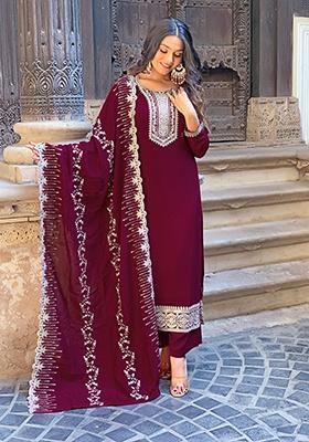Maroon Embroidered Vichitra Kurta Set