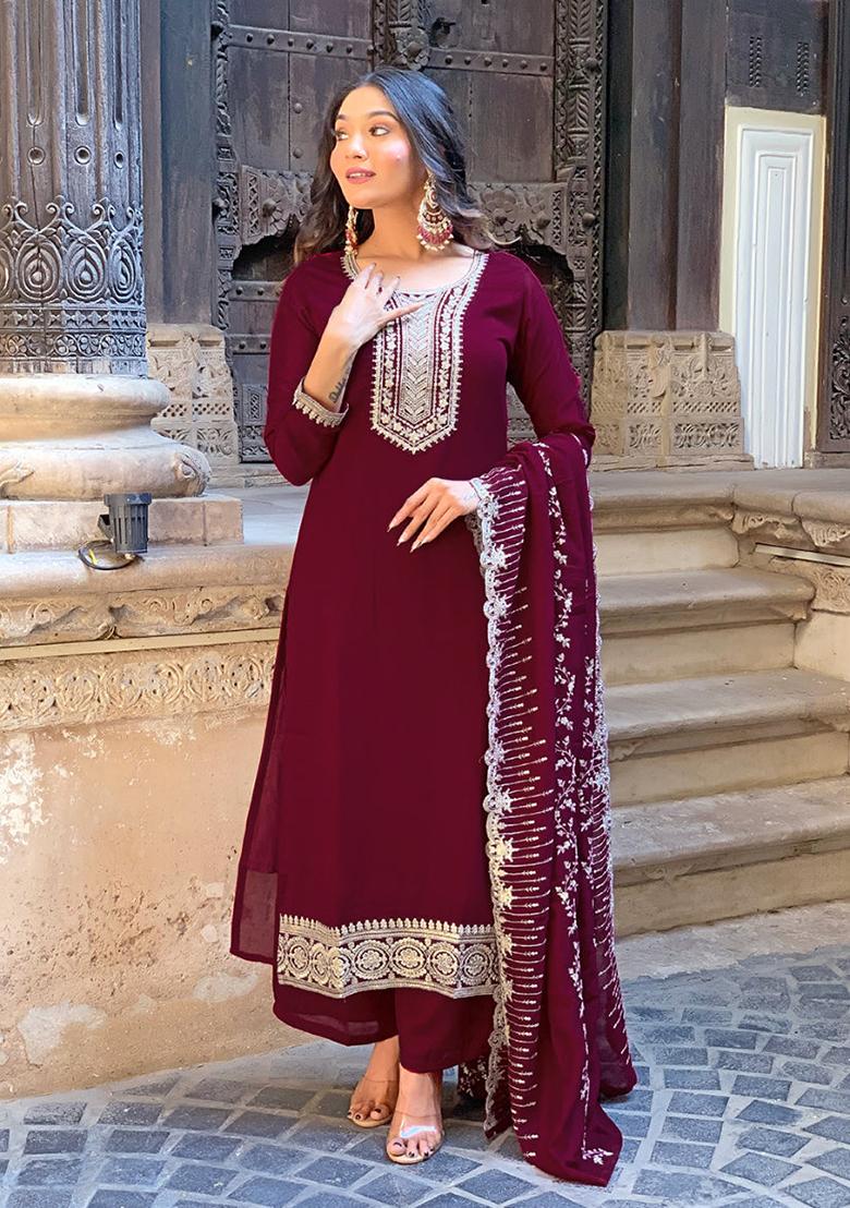 Maroon Embroidered Vichitra Kurta Set