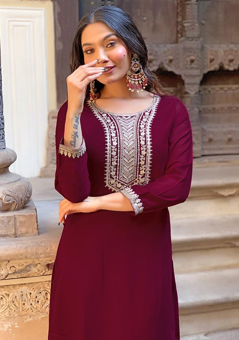 Maroon Embroidered Vichitra Kurta Set