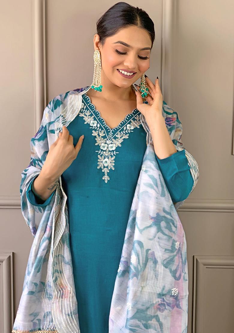 Blue Embroidered Viscose Kurta Set