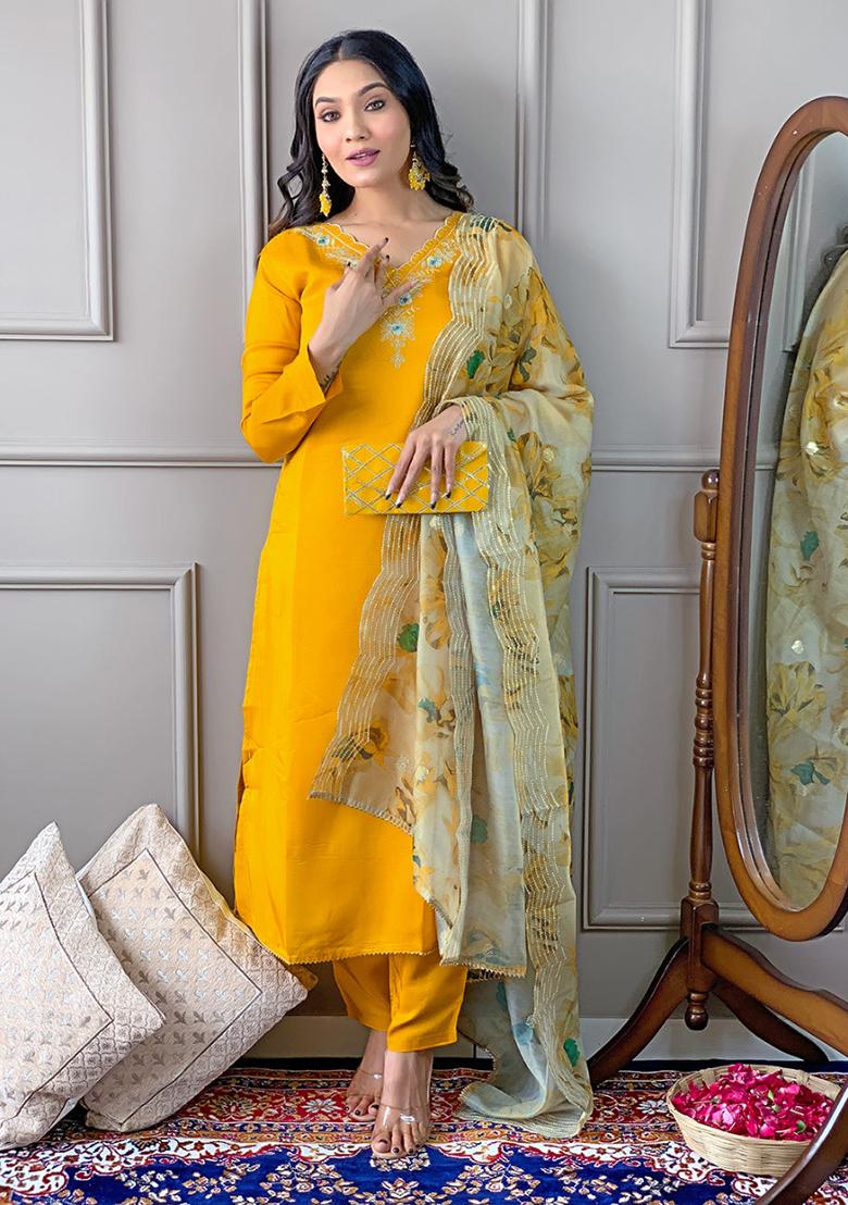 Yellow Embroidered Viscose Kurta Set