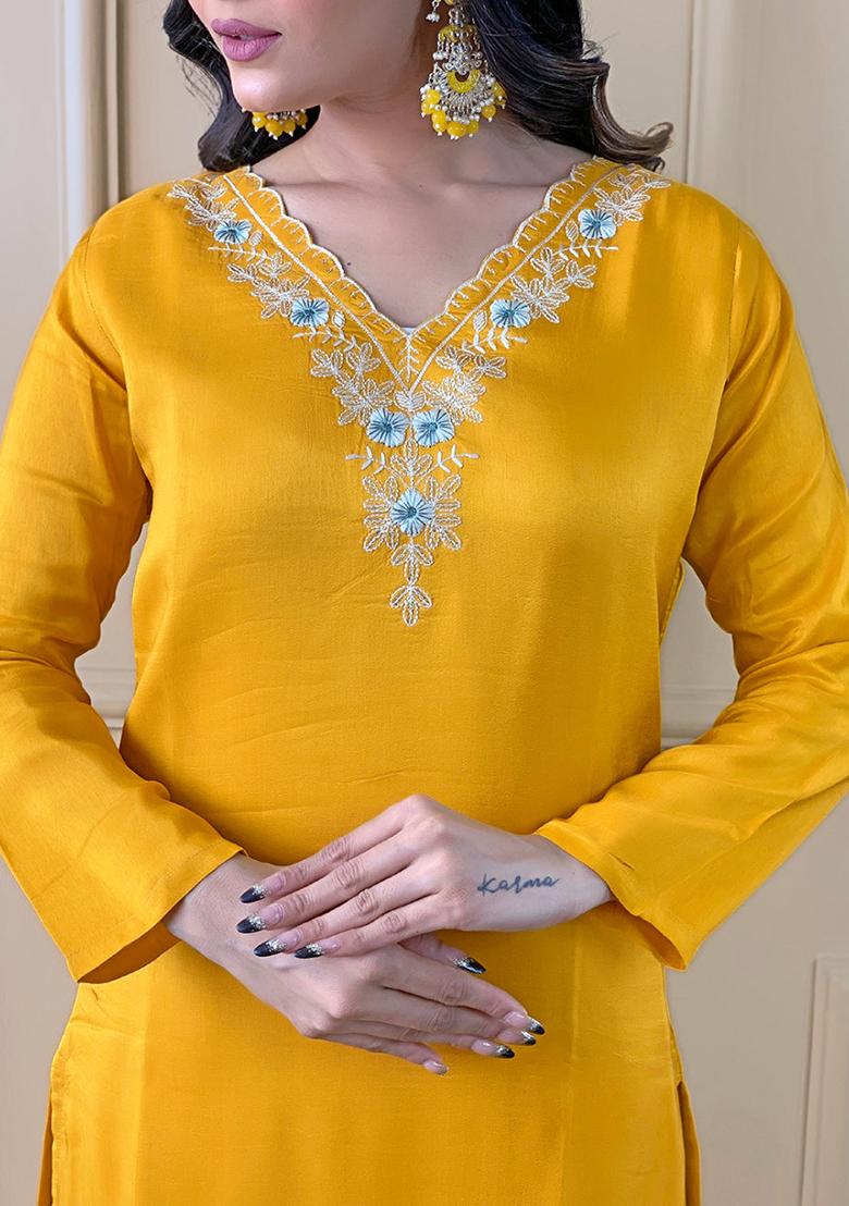 Yellow Embroidered Viscose Kurta Set