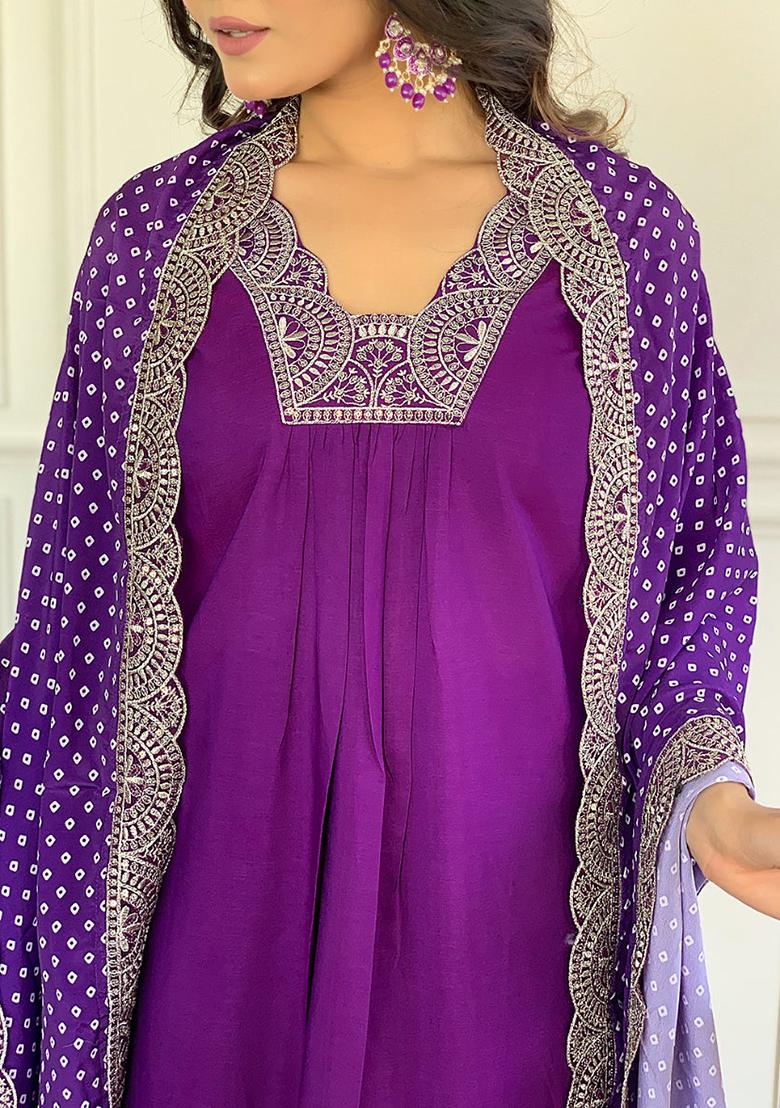 Maroon Embroidered Viscose Kurta Set