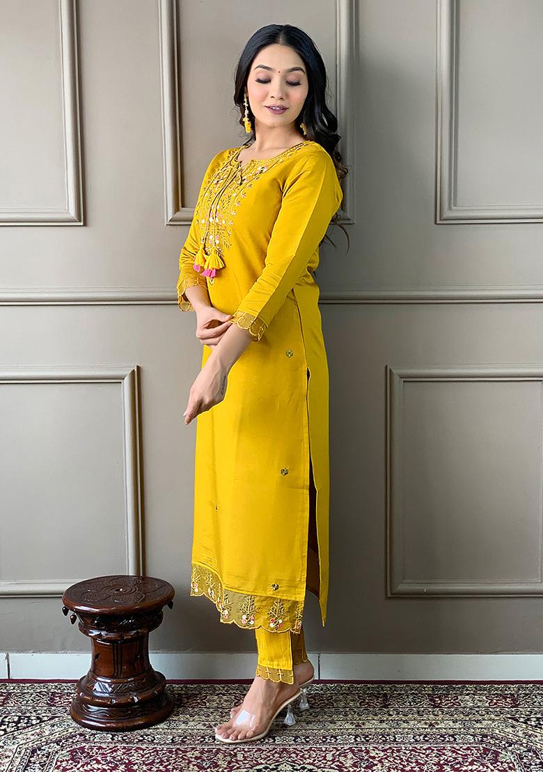 Mustard Embroidered Chanderi Kurta Set
