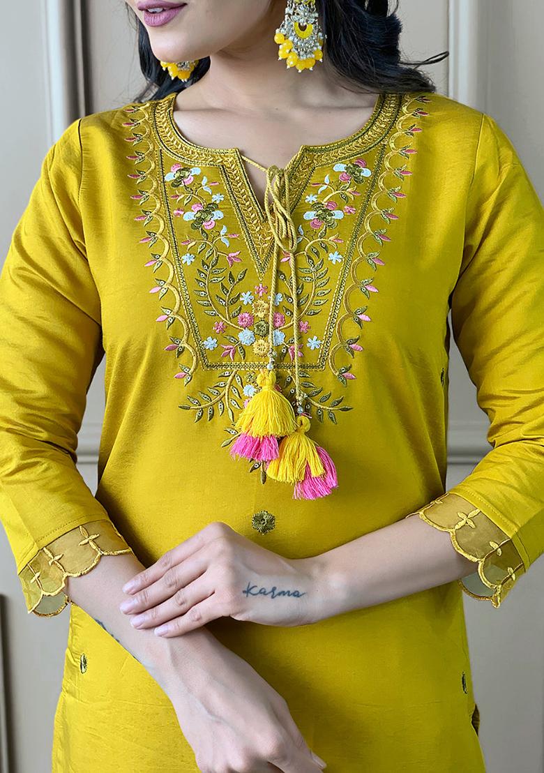 Mustard Embroidered Chanderi Kurta Set