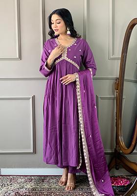 Purple Embroidered Viscose Kurta Set