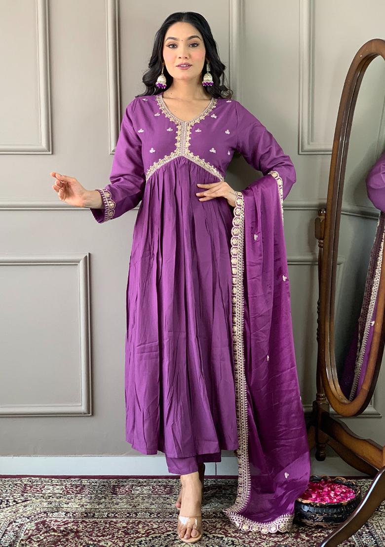 Purple Embroidered Viscose Kurta Set