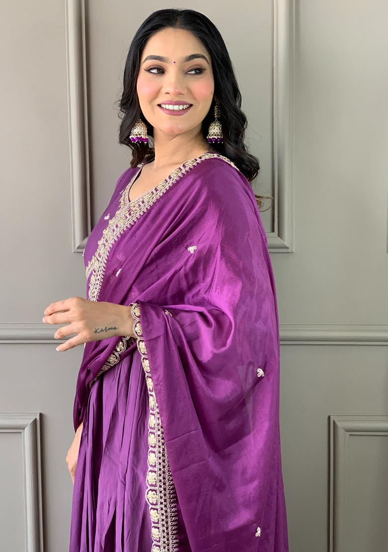 Purple Embroidered Viscose Kurta Set