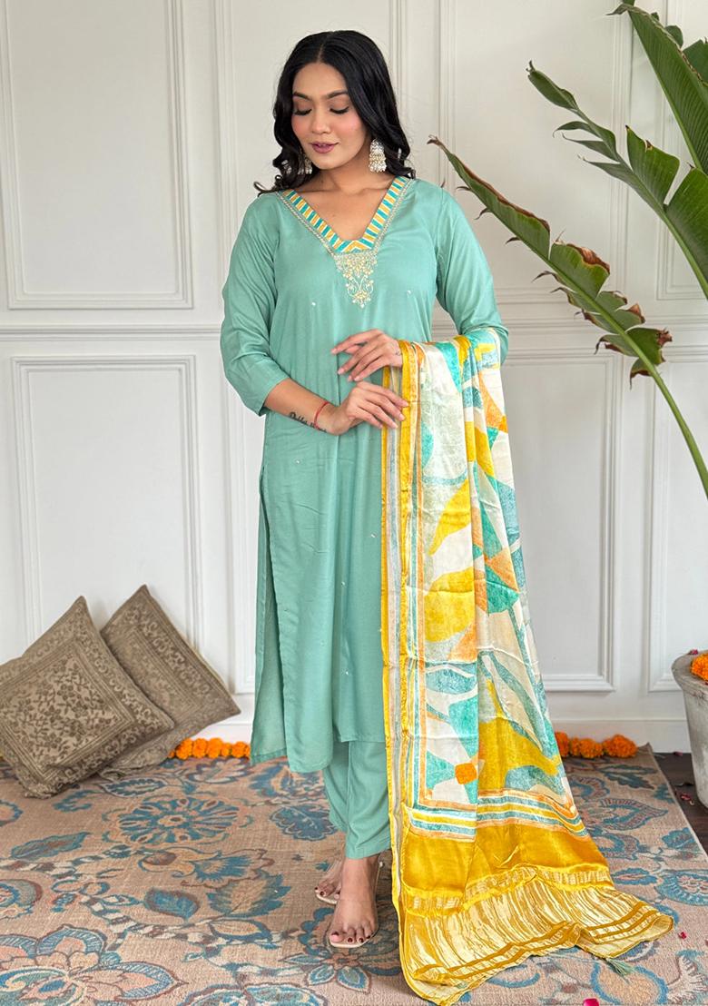 Green Embroidered Viscose Kurta Set