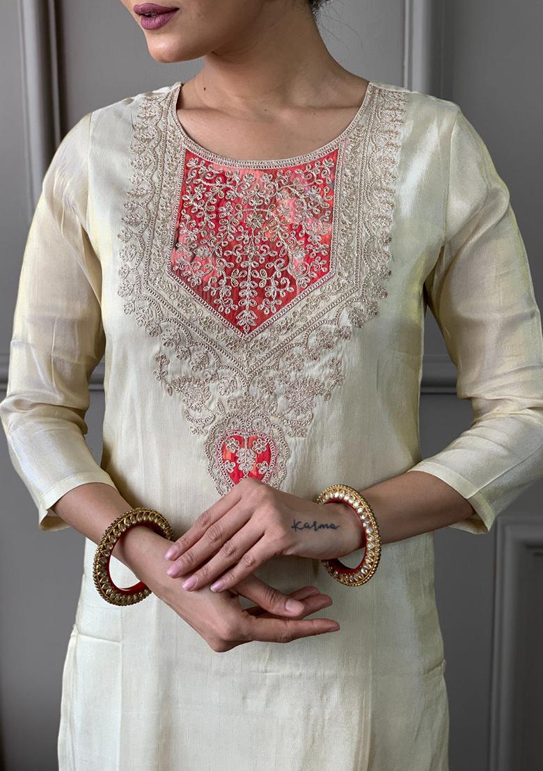 White Embroidered Chanderi Kurta Set