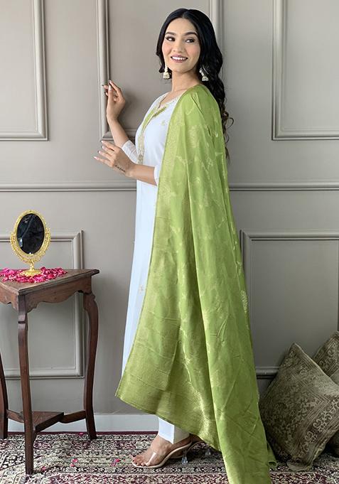 White Embroidered Viscose Kurta Set