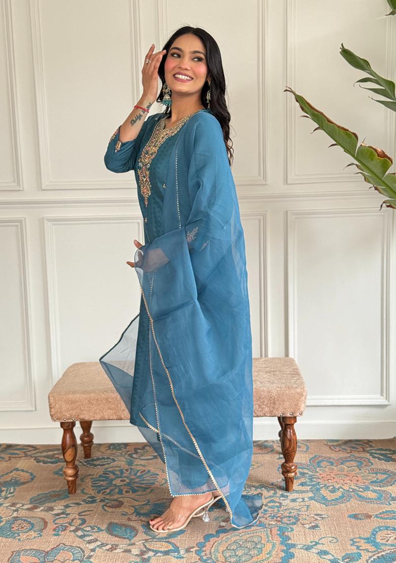 Rama Blue Embroidered Viscose Kurta Set