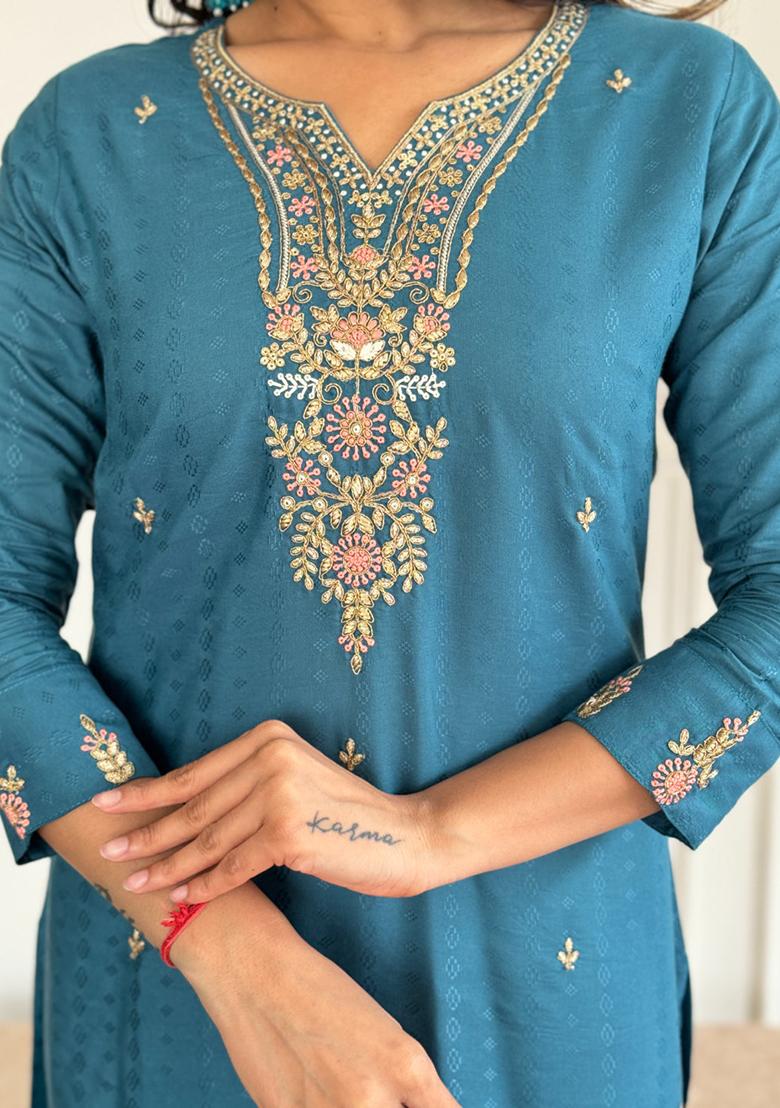 Rama Blue Embroidered Viscose Kurta Set