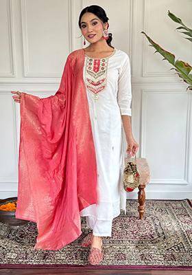 Peach Embroidered Viscose Kurta Set