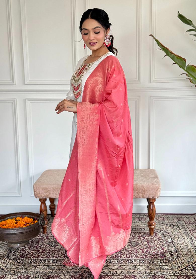 Peach Embroidered Viscose Kurta Set