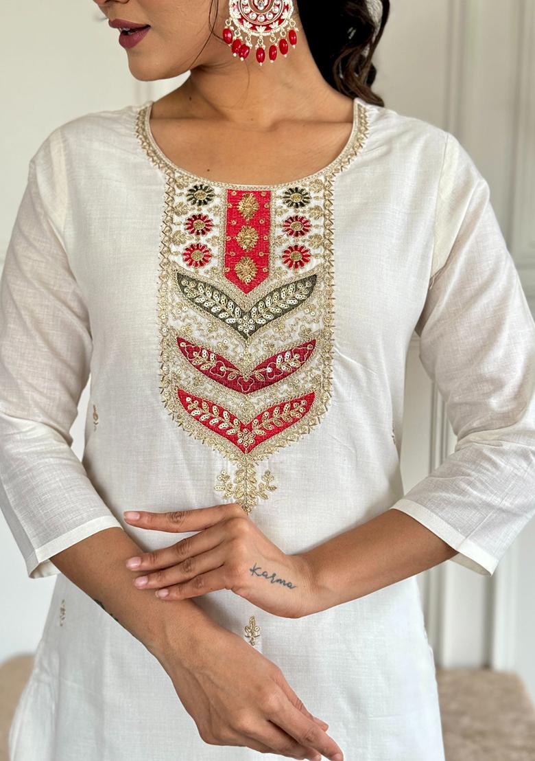 Peach Embroidered Viscose Kurta Set