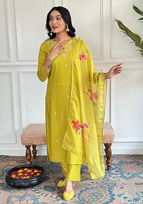 Yellow Embroidered Rayon Kurta Set