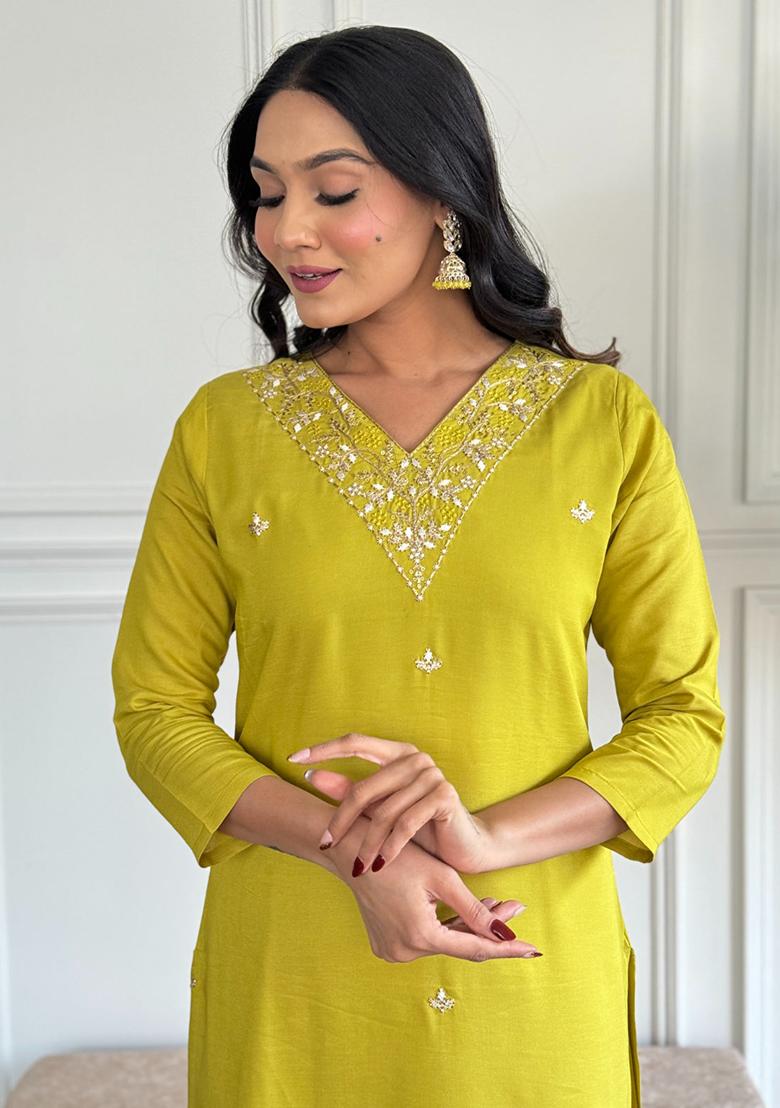 Yellow Embroidered Rayon Kurta Set