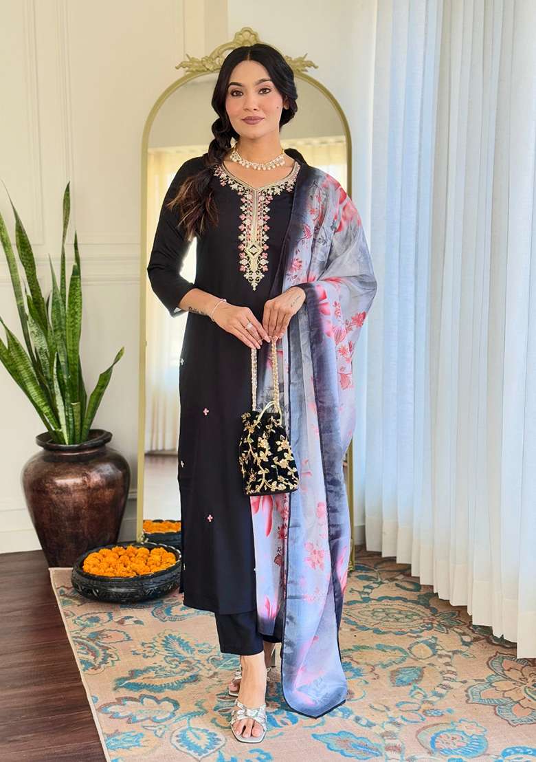 Black Embroidered Rayon Kurta Set - Indya
