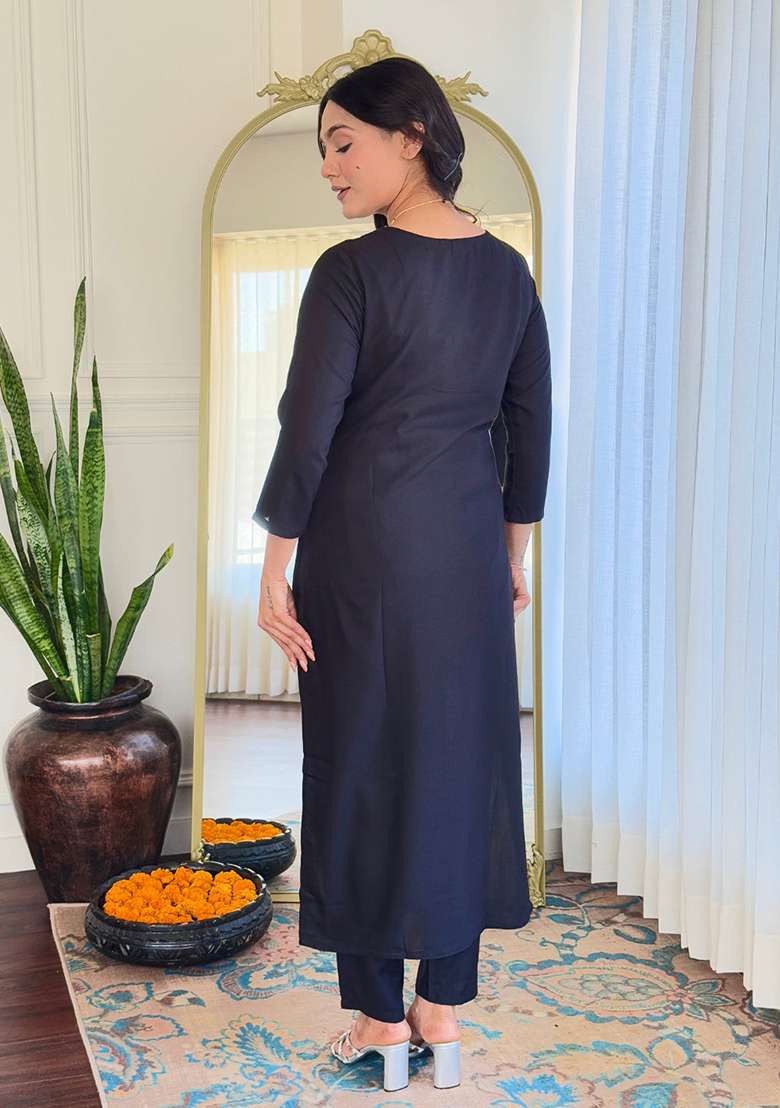 Black Embroidered Rayon Kurta Set - Indya