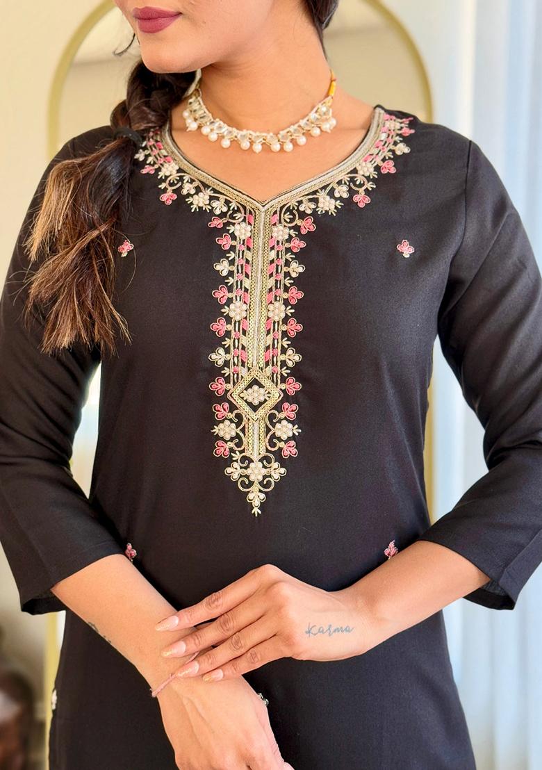 Black Embroidered Rayon Kurta Set