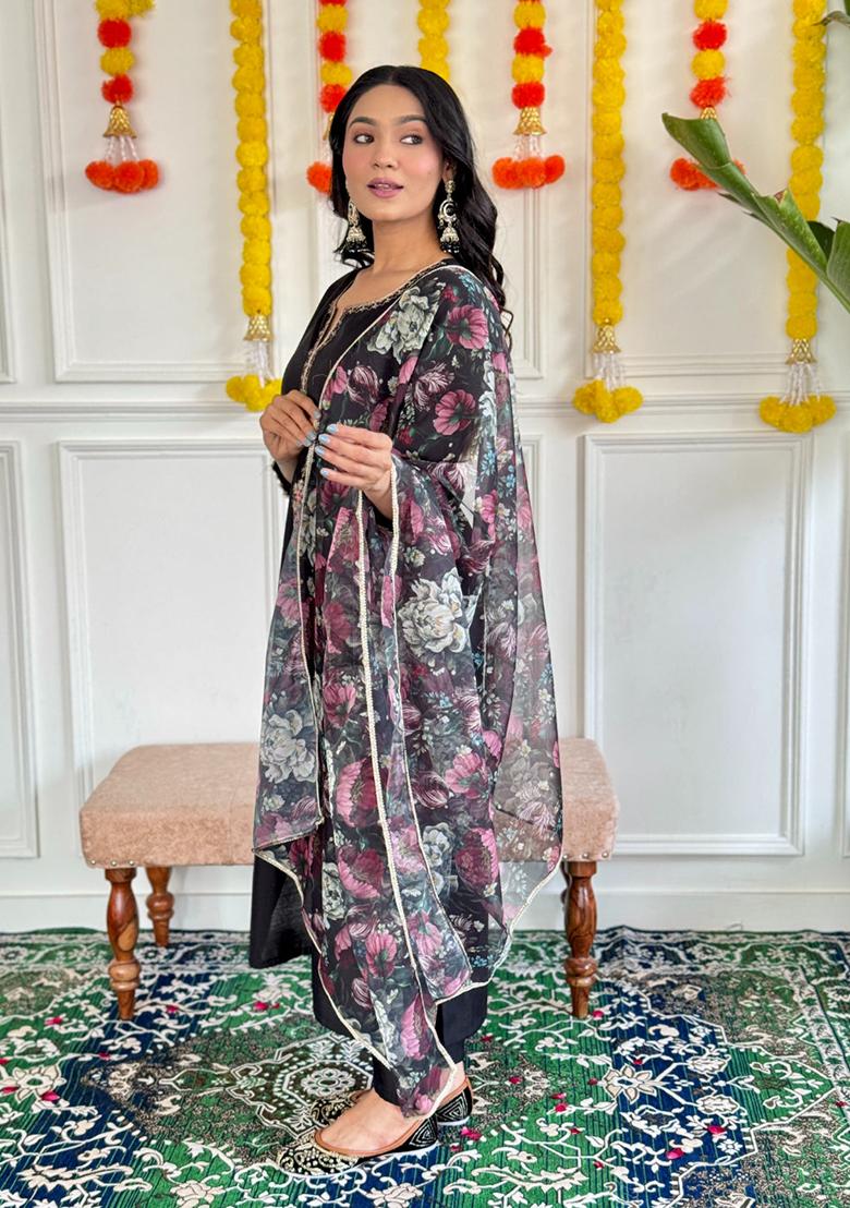 Black Embroidered Rayon Kurta Set