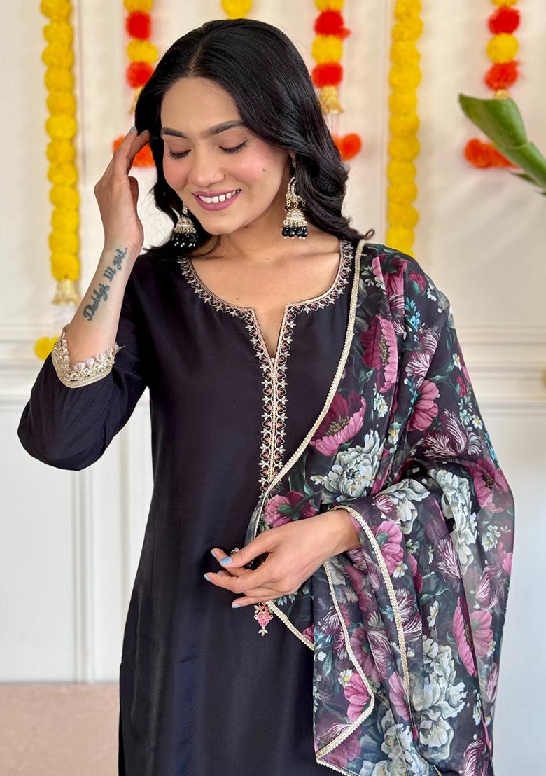Black Embroidered Rayon Kurta Set