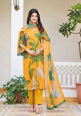 Yellow Printed Silk Kurta Set
