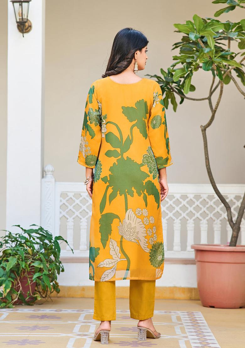 Yellow Printed Silk Kurta Set