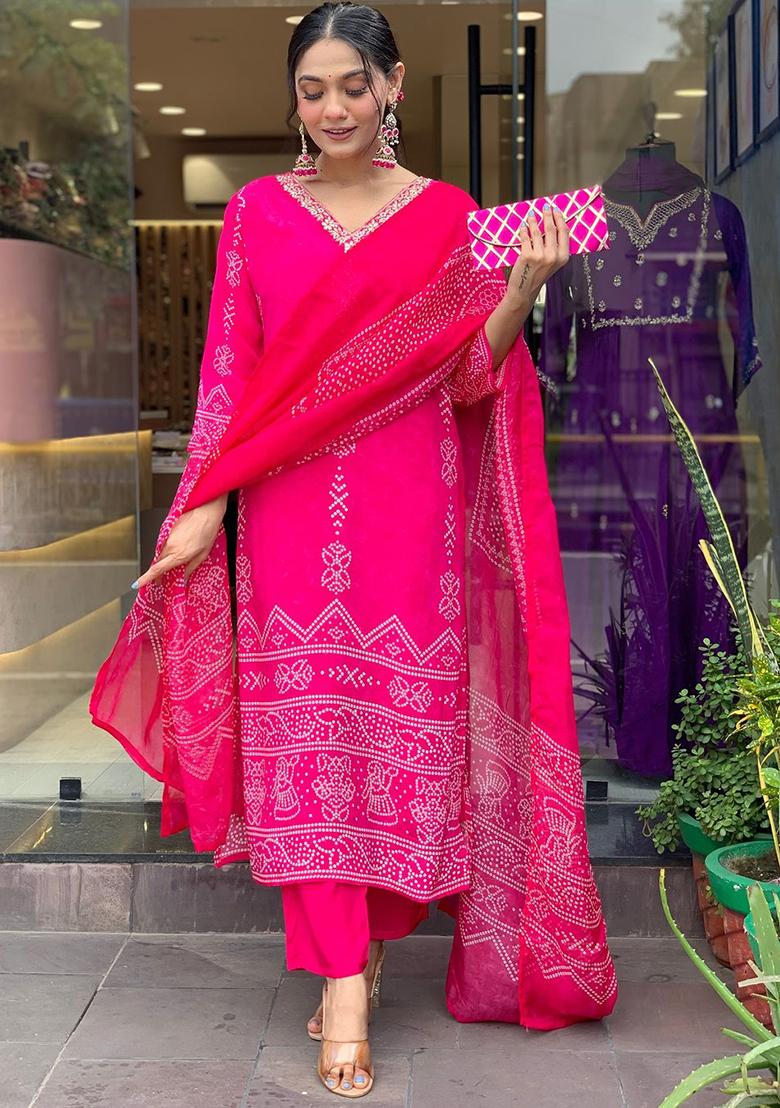 Pink Printed Silk Kurta Set