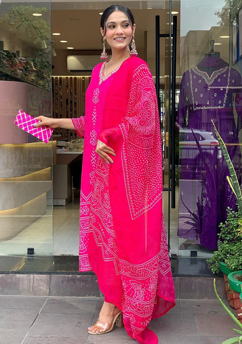 Pink Printed Silk Kurta Set