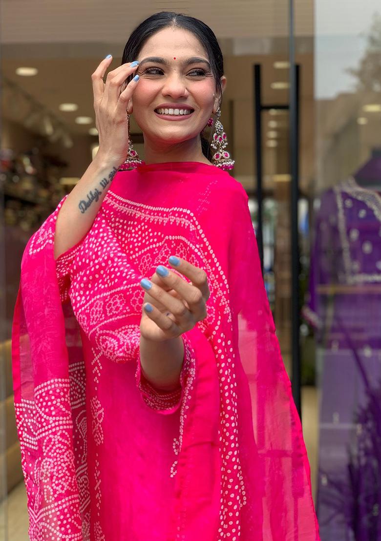 Pink Printed Silk Kurta Set