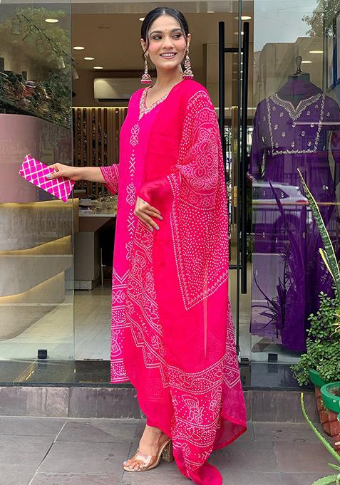 Pink Printed Silk Kurta Set