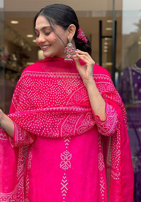 Pink Printed Silk Kurta Set