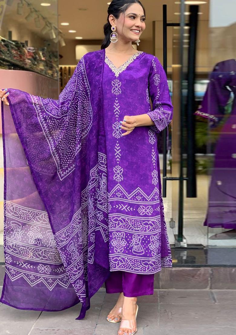 Purple Printed Silk Kurta Set