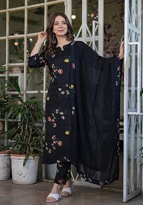 Black Embroidered Crepe Kurta Set