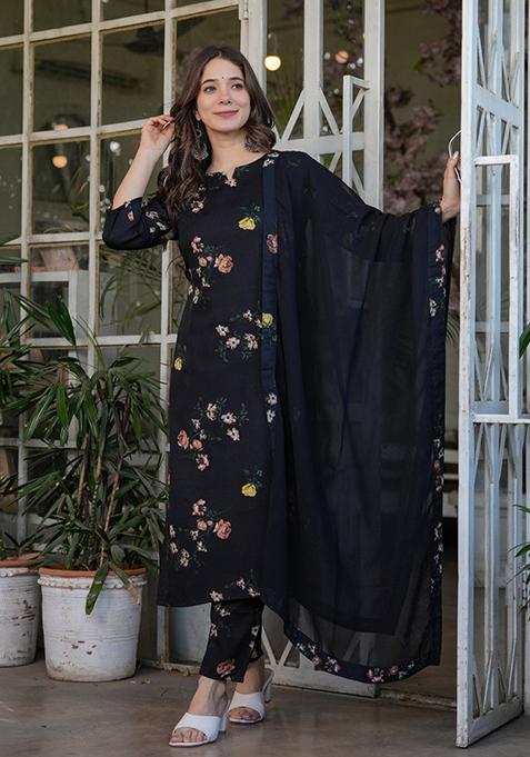 Black Embroidered Crepe Kurta Set