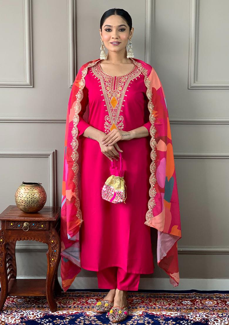 Red Embroidered Viscose Kurta Set