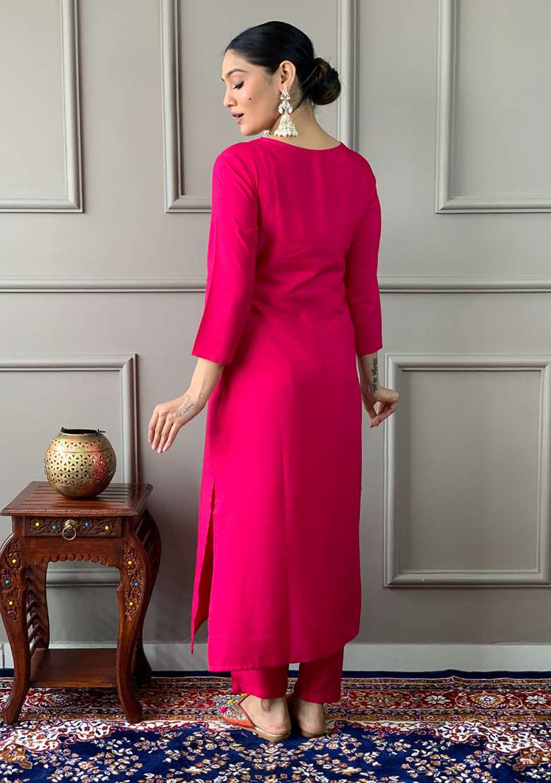 Red Embroidered Viscose Kurta Set - Indya