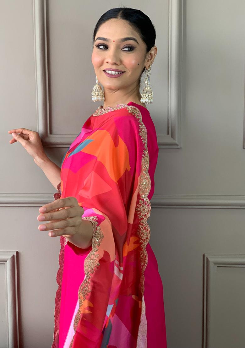 Red Embroidered Viscose Kurta Set