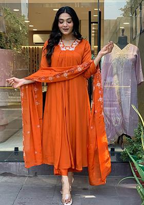 Orange Embroidered Silk Kurta Set