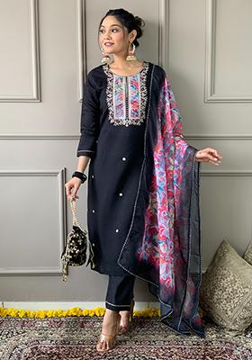 Black Embroidered Rayon Kurta Set