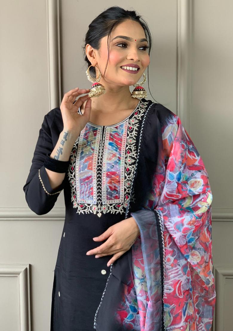 Black Embroidered Rayon Kurta Set