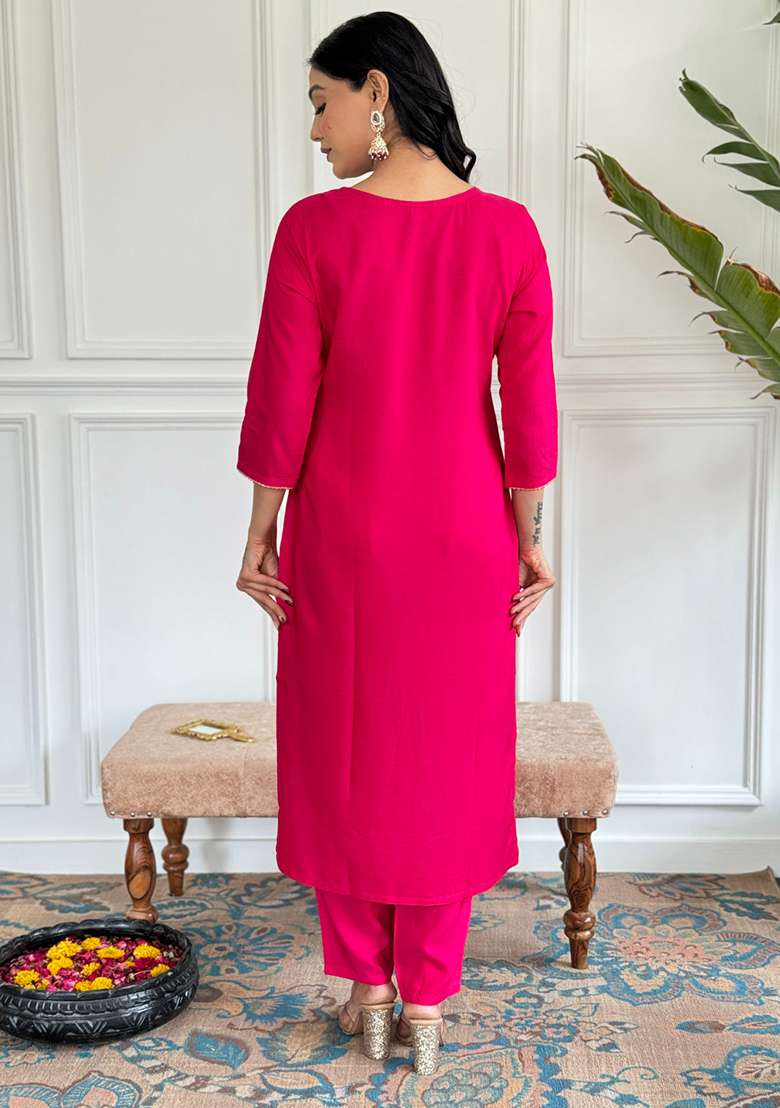 Red Embroidered Viscose Kurta Set - Indya