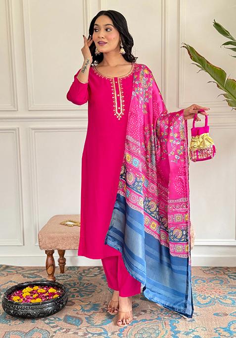 Red Embroidered Viscose Kurta Set