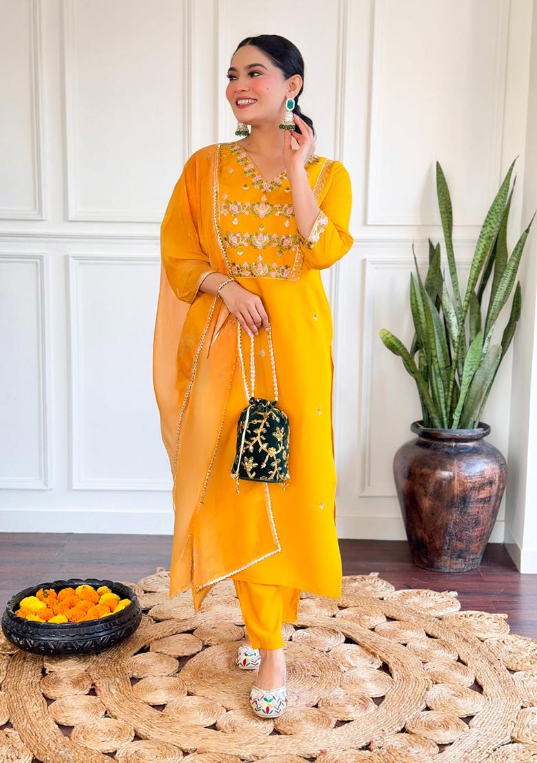 Yellow Embroidered Chanderi Kurta Set