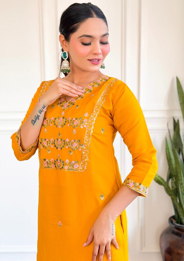 Yellow Embroidered Chanderi Kurta Set